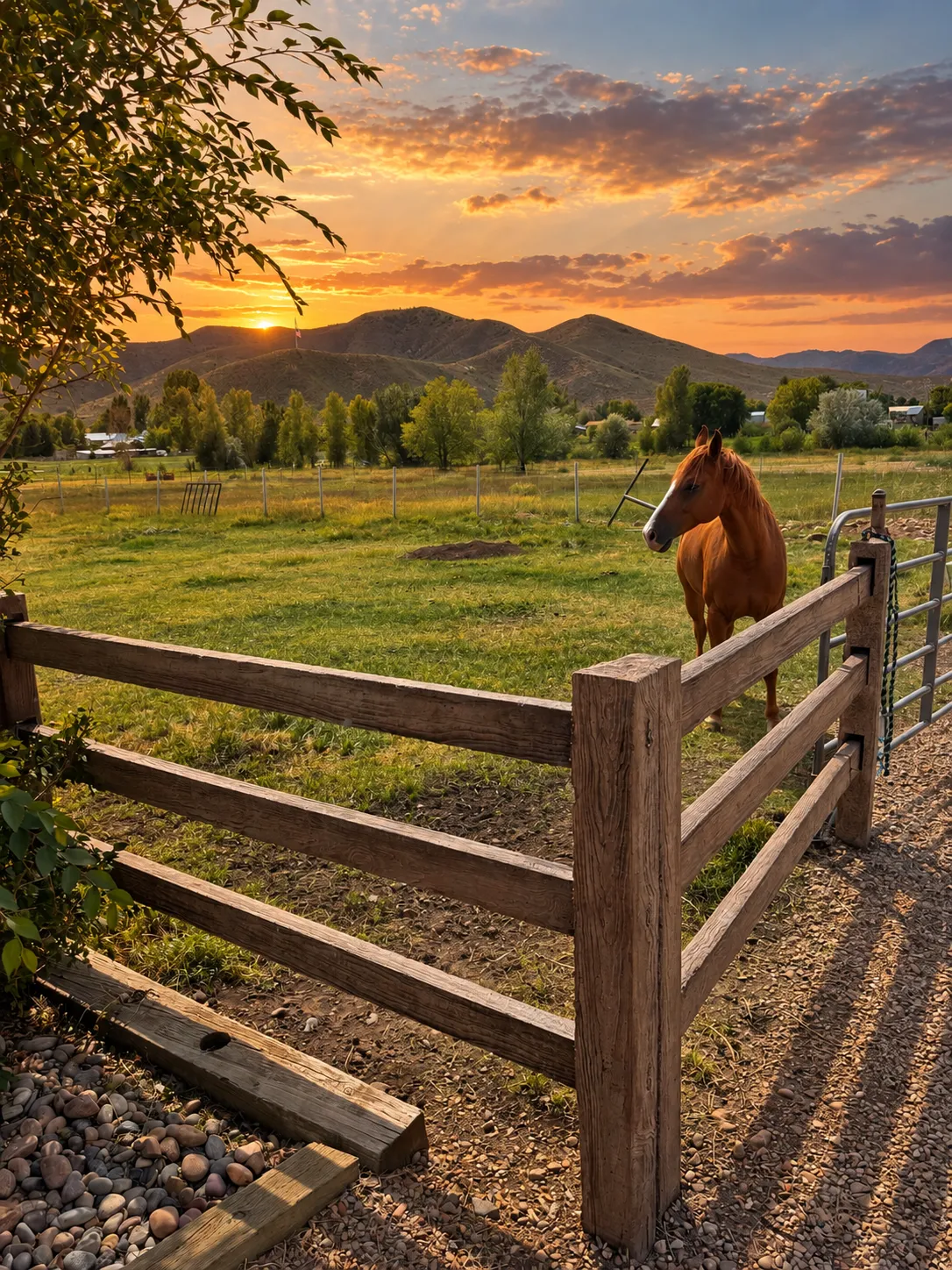 Concrete rail fence framing a pasture with a horse at sunset
